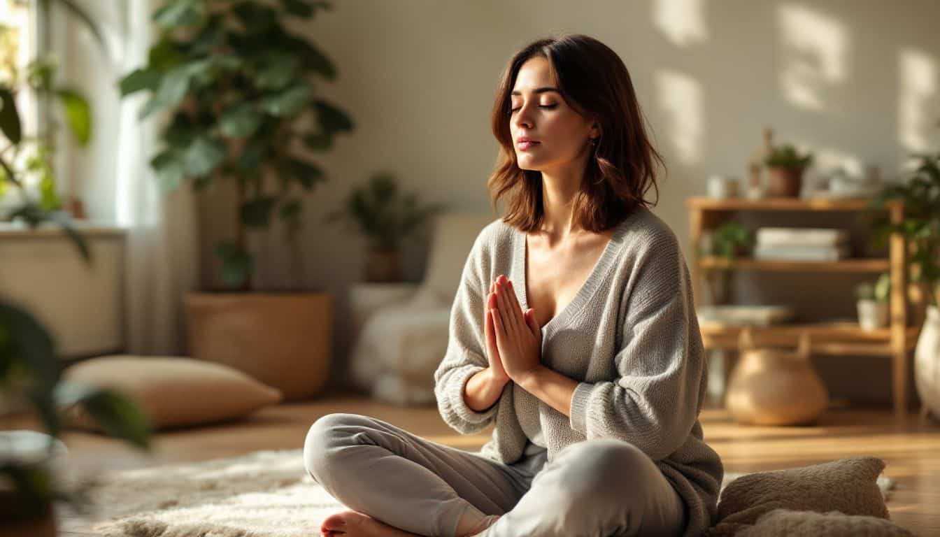 A woman practices meditation and breathing exercises in her cozy home.