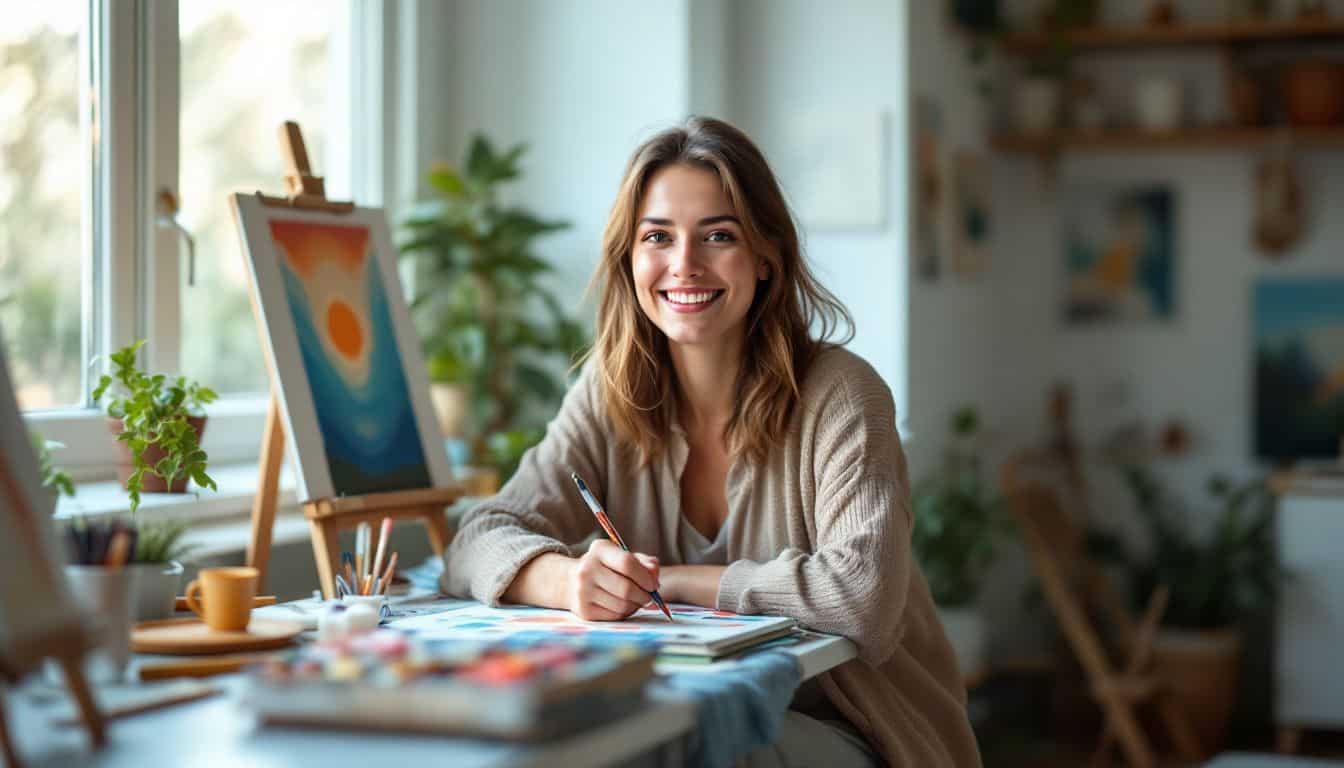 A woman happily paints in her cozy living room corner.