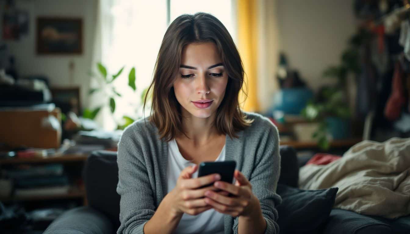 A woman deletes her ex-spouse's phone number in a cluttered room.