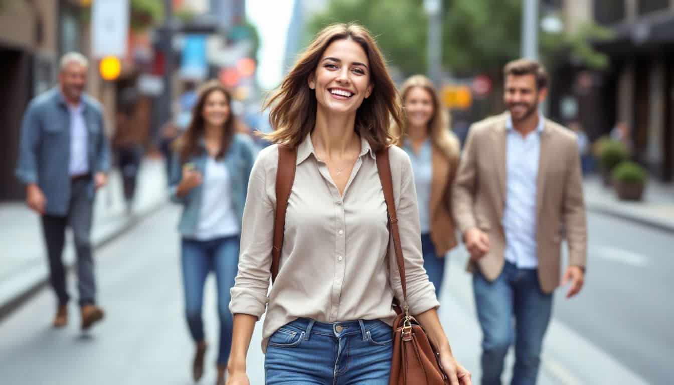 A confident woman in her 30s walks down a busy city street.