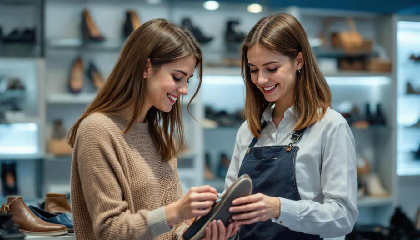 A woman tries on shoes with assistance from a store employee.