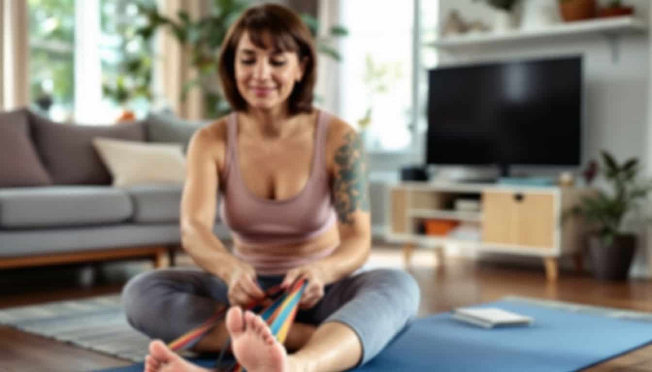 A middle-aged woman doing bunion prevention exercises with resistance bands at home.