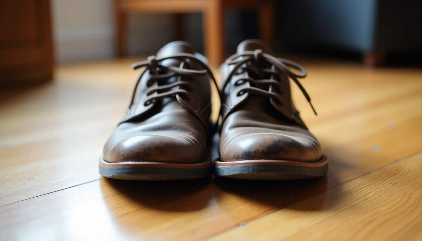 A pair of worn-out shoes on a hardwood floor.