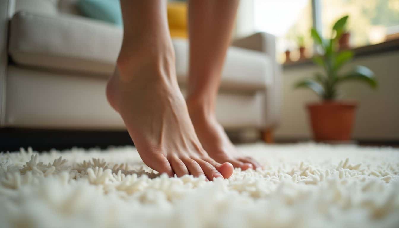 A close-up photo of feet stretching on a soft living room rug.