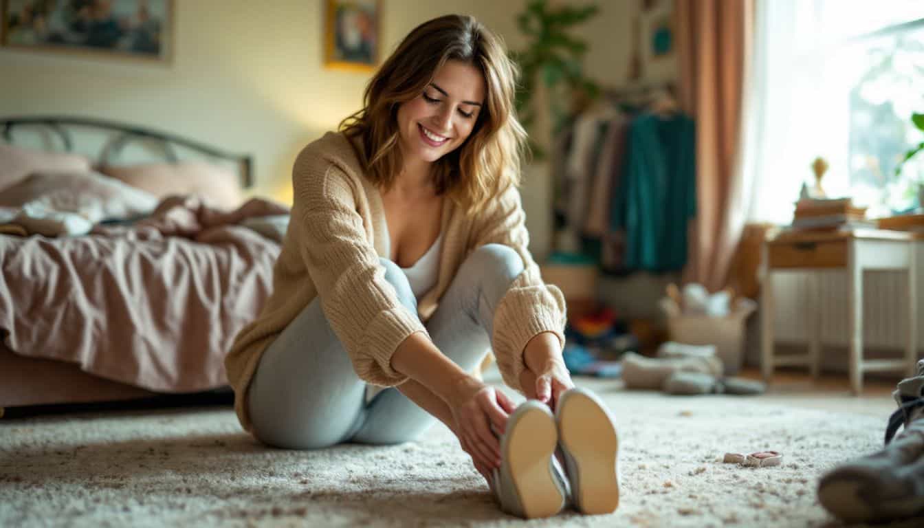 A woman in her 40s trying on comfortable shoes in a cozy bedroom.