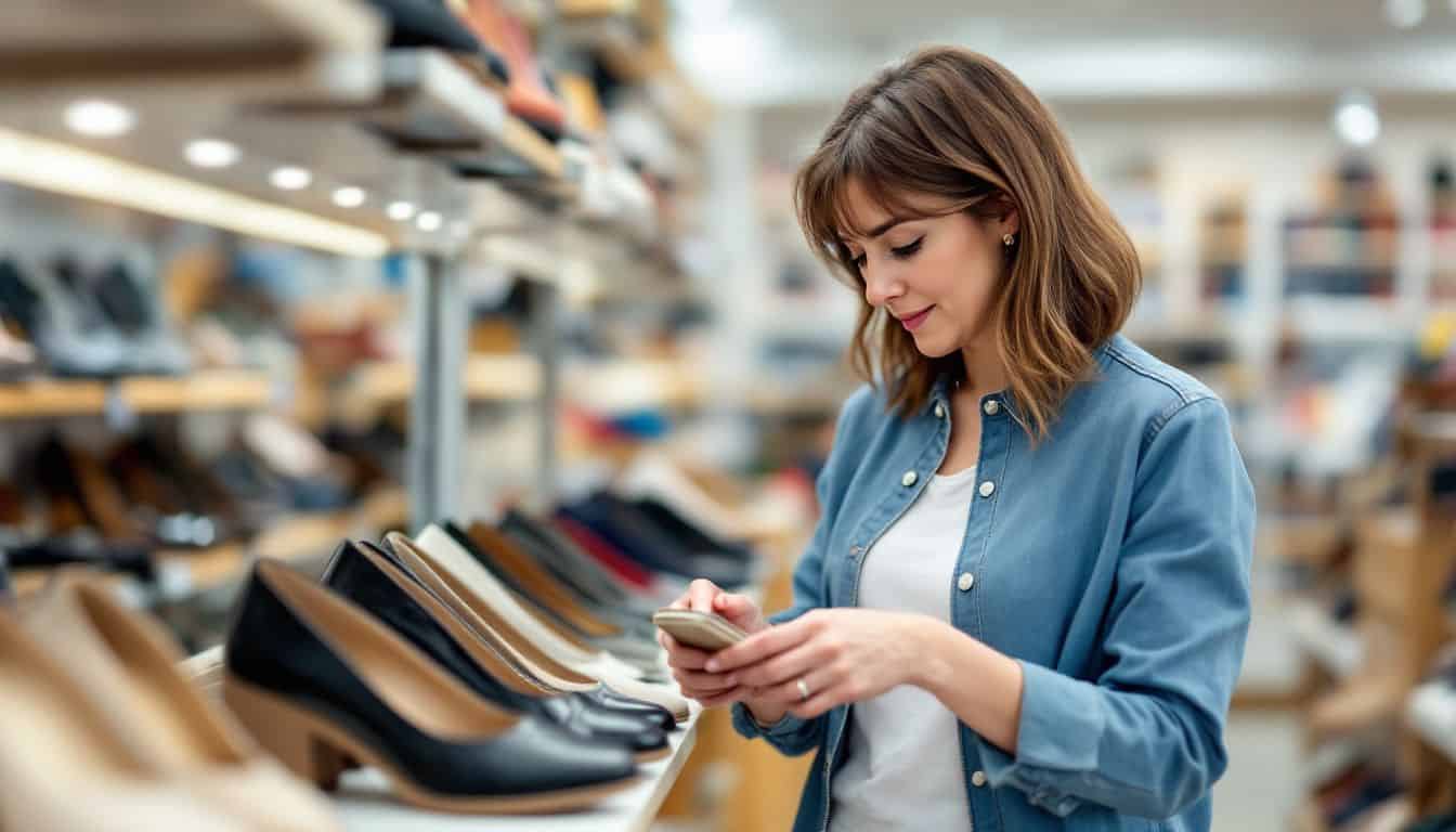 A middle-aged woman trying on wide-toed low-heeled shoes in a store.