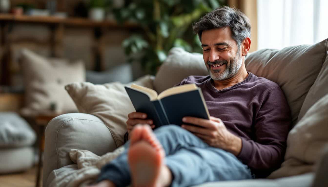 A person in their 40s sitting at home, reading a book in comfort.