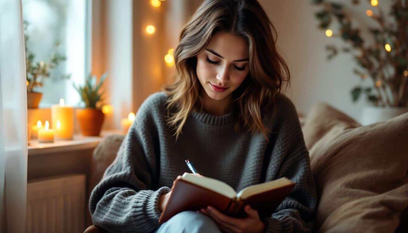 A woman writes in her journal in a cozy, relaxed setting.