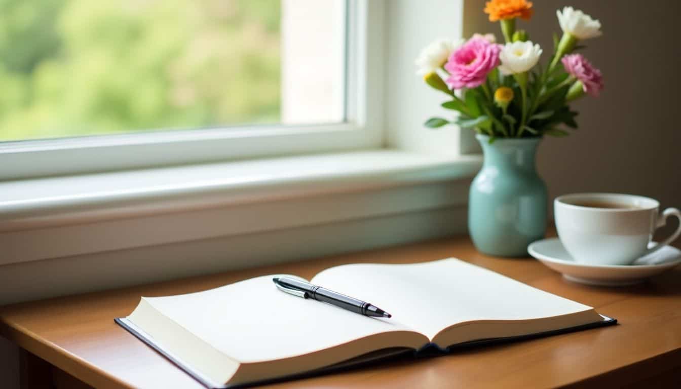 A cozy desk with blank journal, tea, and flowers for reflection.