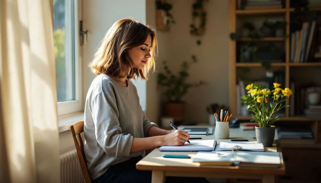 A woman in her 30s sits at a cluttered desk, journaling.