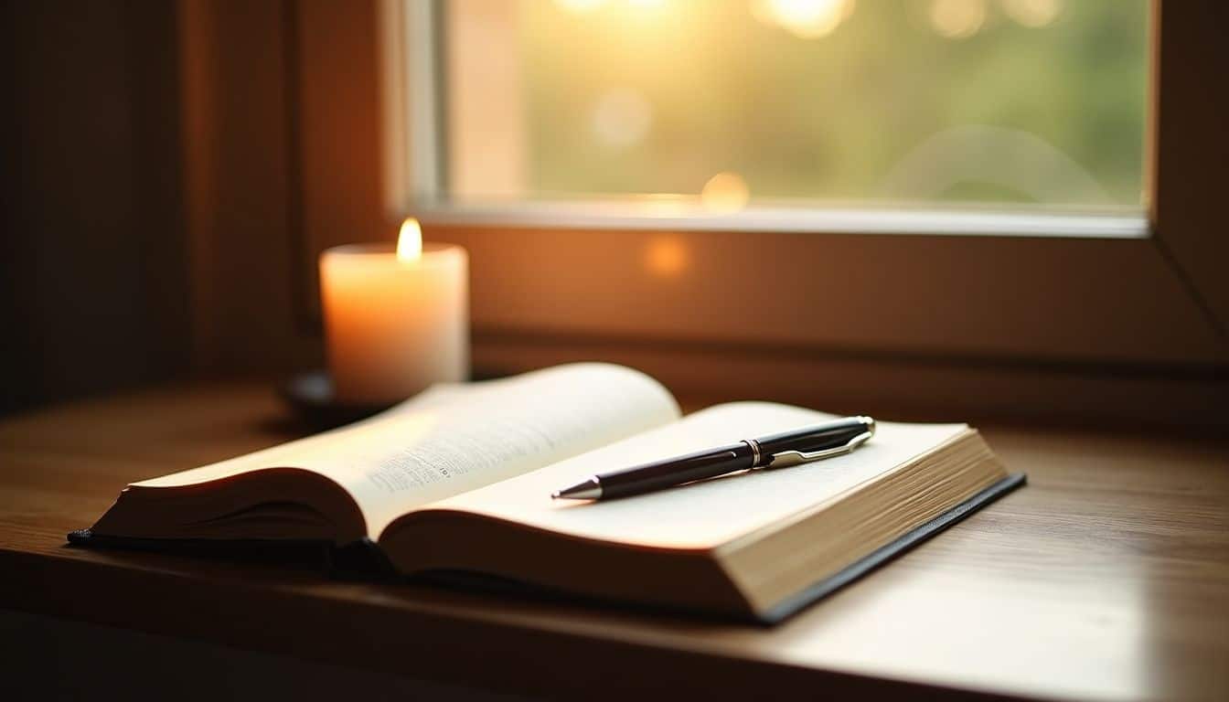 An open journal, pen, and candle create a tranquil prayer space.