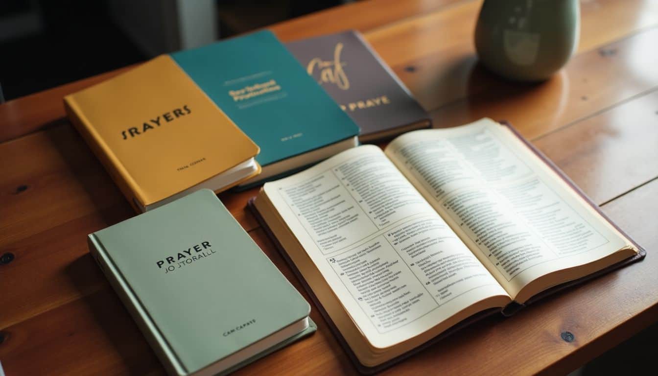 Multiple prayer journals arranged on a wooden table in a casual setting.