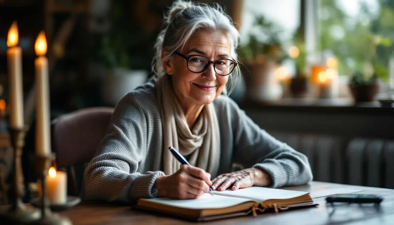 An older woman calmly sits at a desk, writing in a journal.