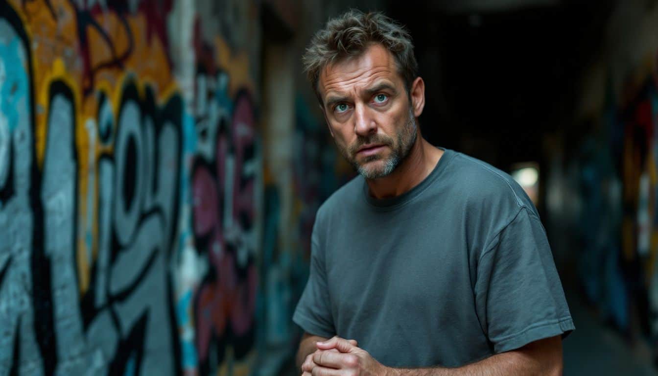 A tense middle-aged man stands in a graffiti-covered urban alleyway.