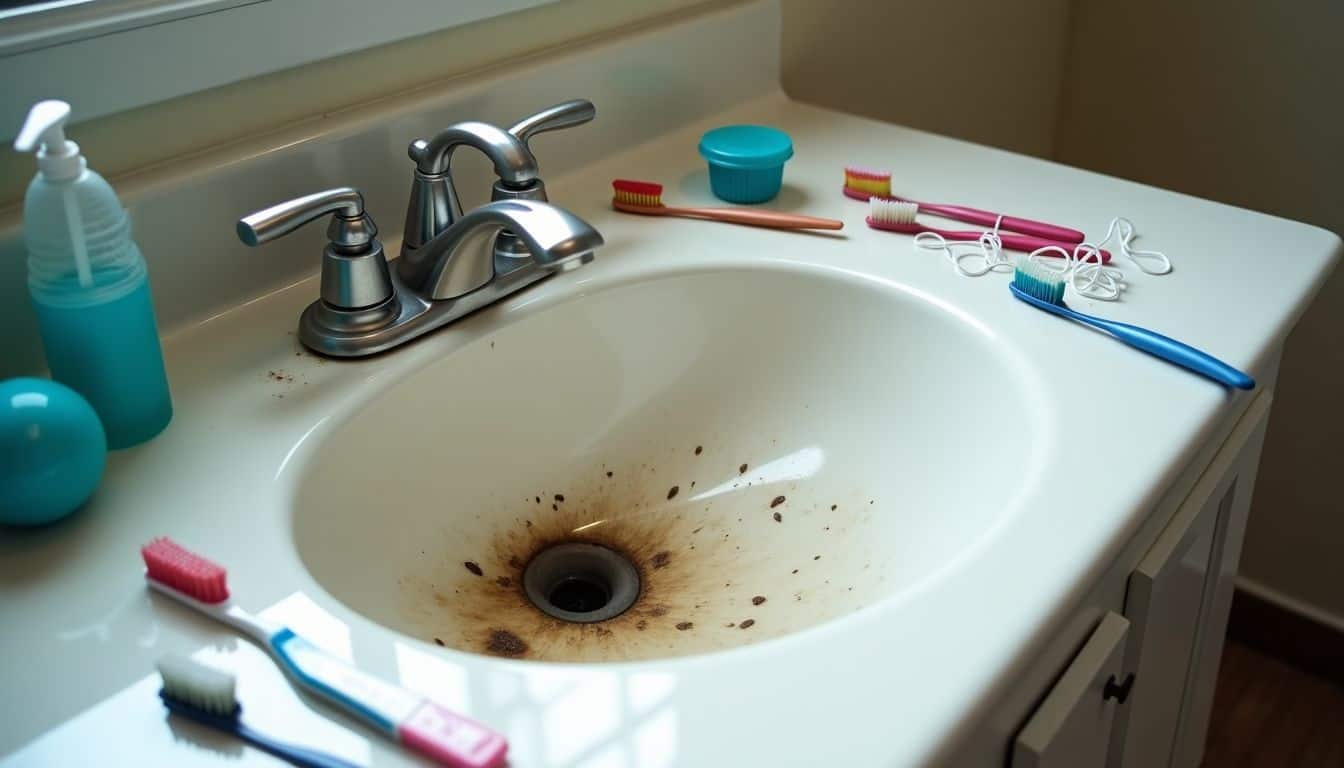 An unclean and cluttered bathroom sink with neglected dental hygiene items.