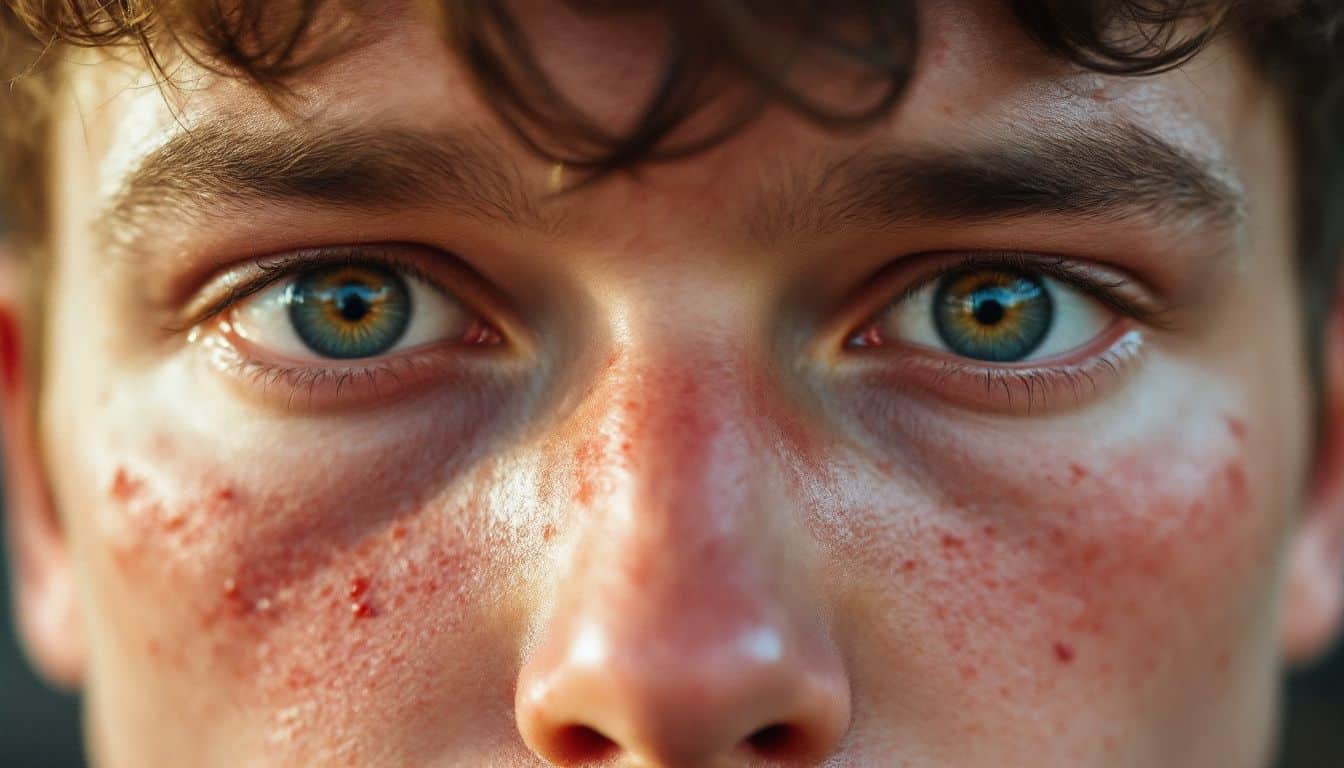 A young adult with dilated pupils and red, puffy eyes, showing effects of substance use.