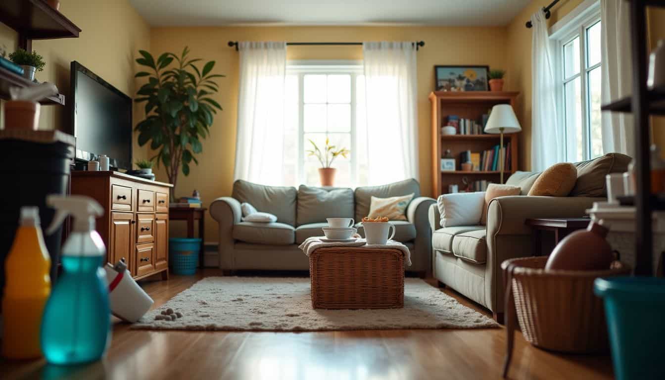 A cluttered living room filled with cleaning supplies and unfinished projects.