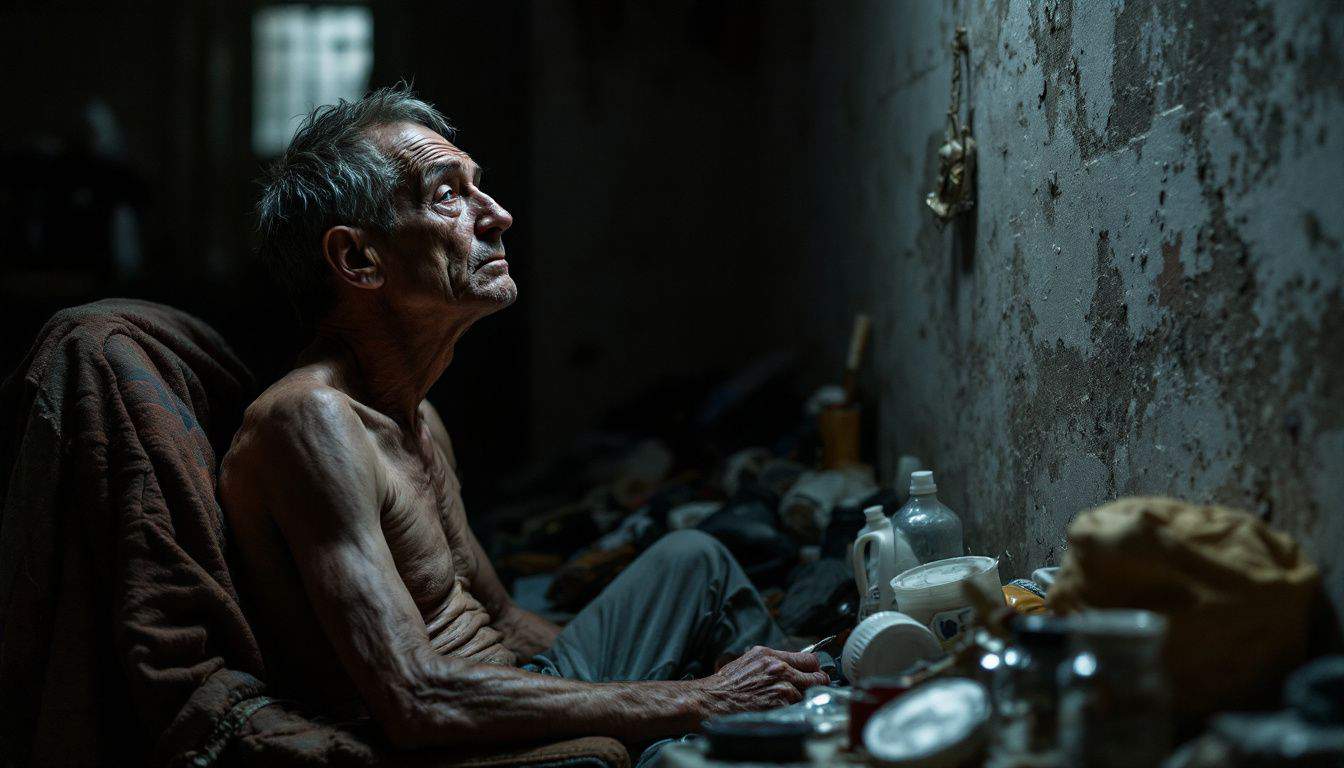 A middle-aged man sits surrounded by drug paraphernalia, reflecting emptiness.