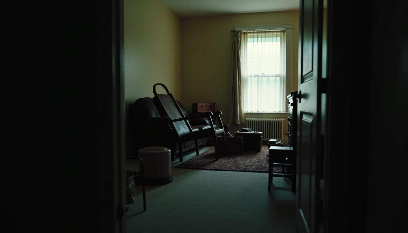 A dimly lit chaotic room with overturned chairs and scattered items.