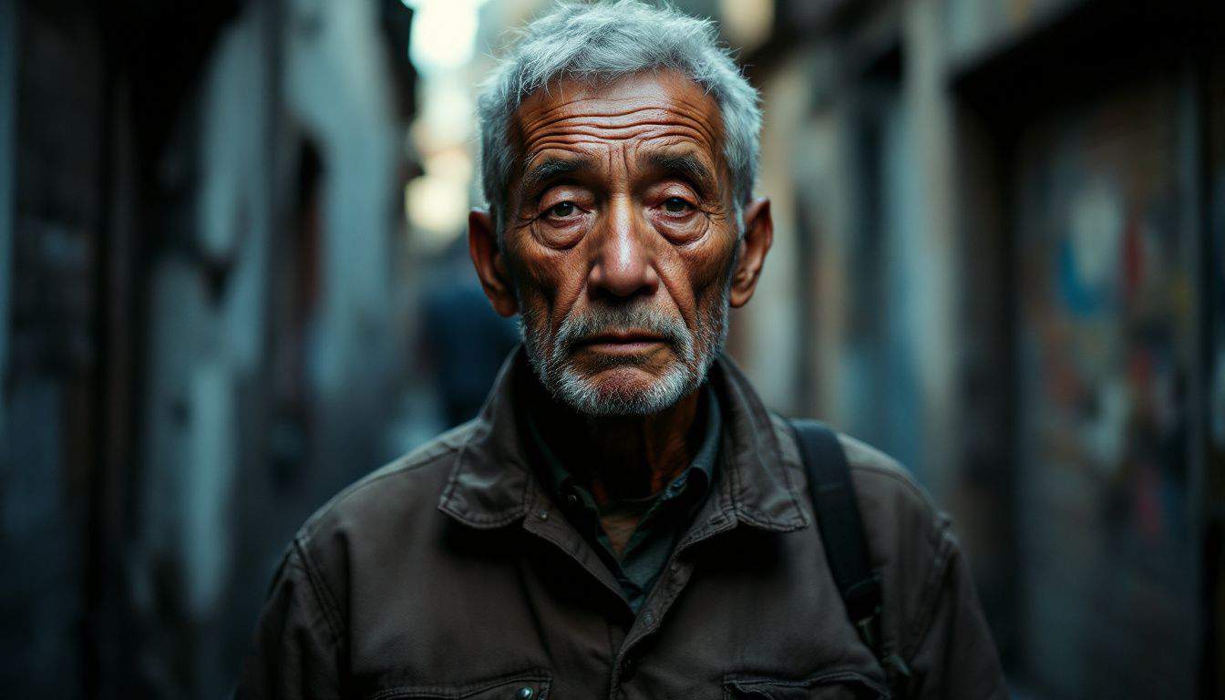 A tired middle-aged man standing in a dark alley.