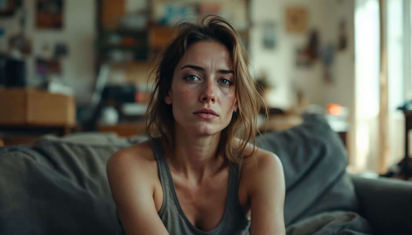 A tired-looking woman sits alone in a cluttered living room.