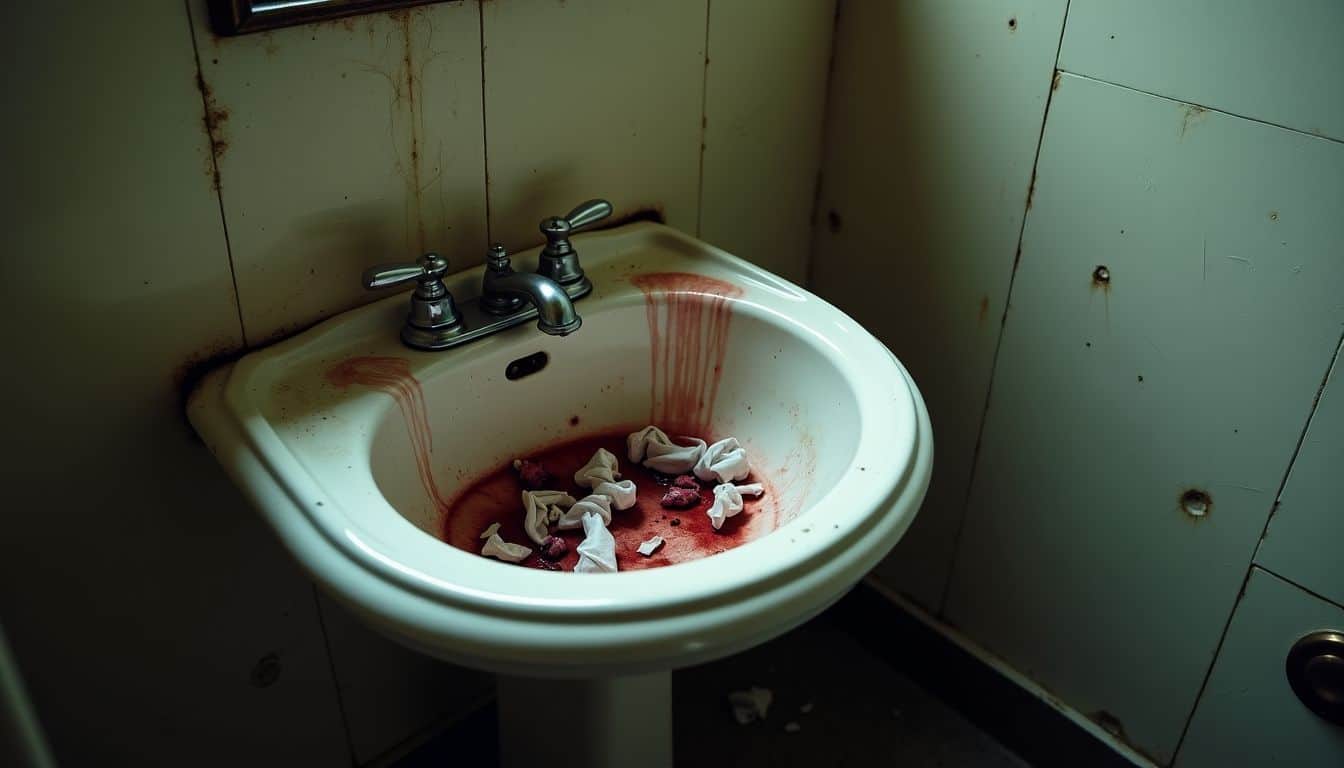 An abandoned, dirty sink with blood-stained tissues and distressed walls.