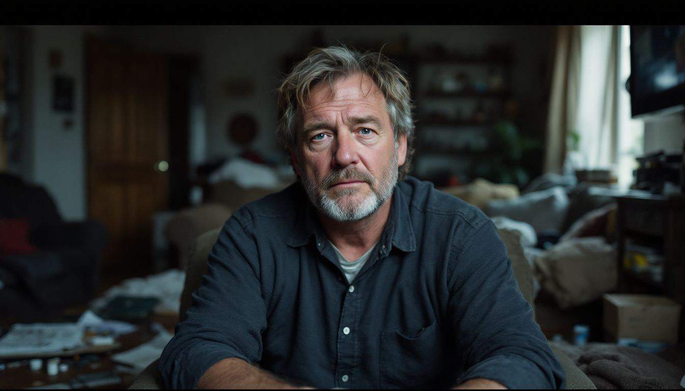 A disheveled man sits in a cluttered room with drug paraphernalia.