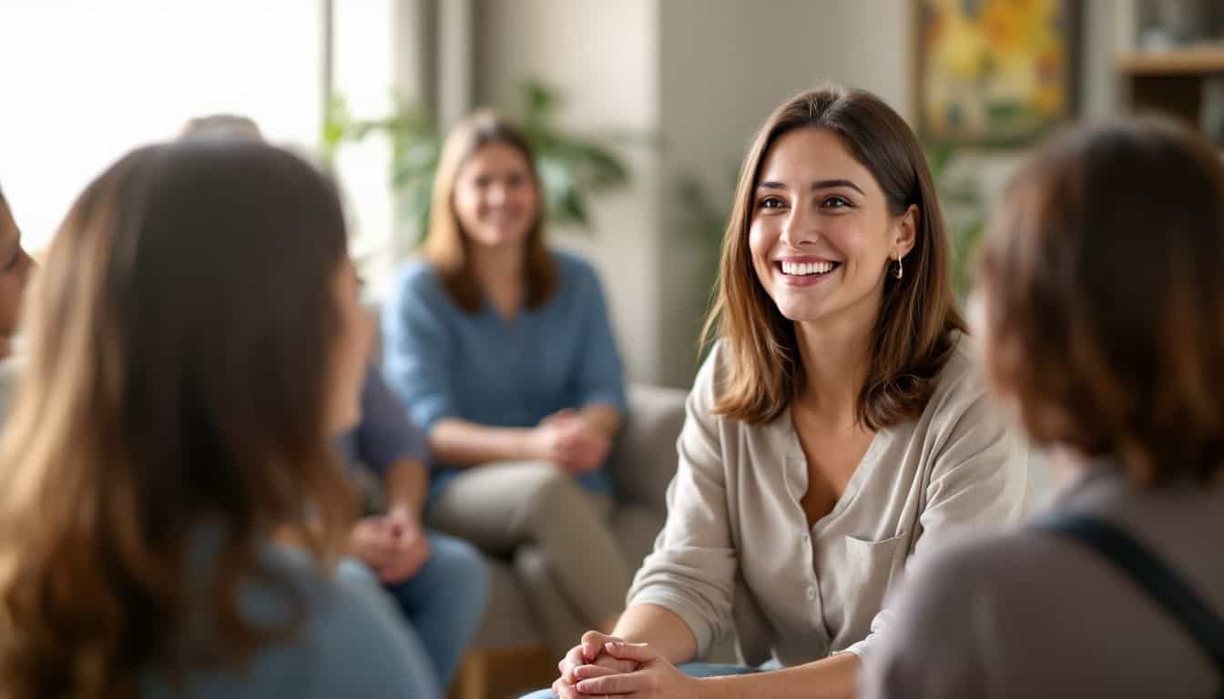 A woman participates in group therapy at a PHP facility.