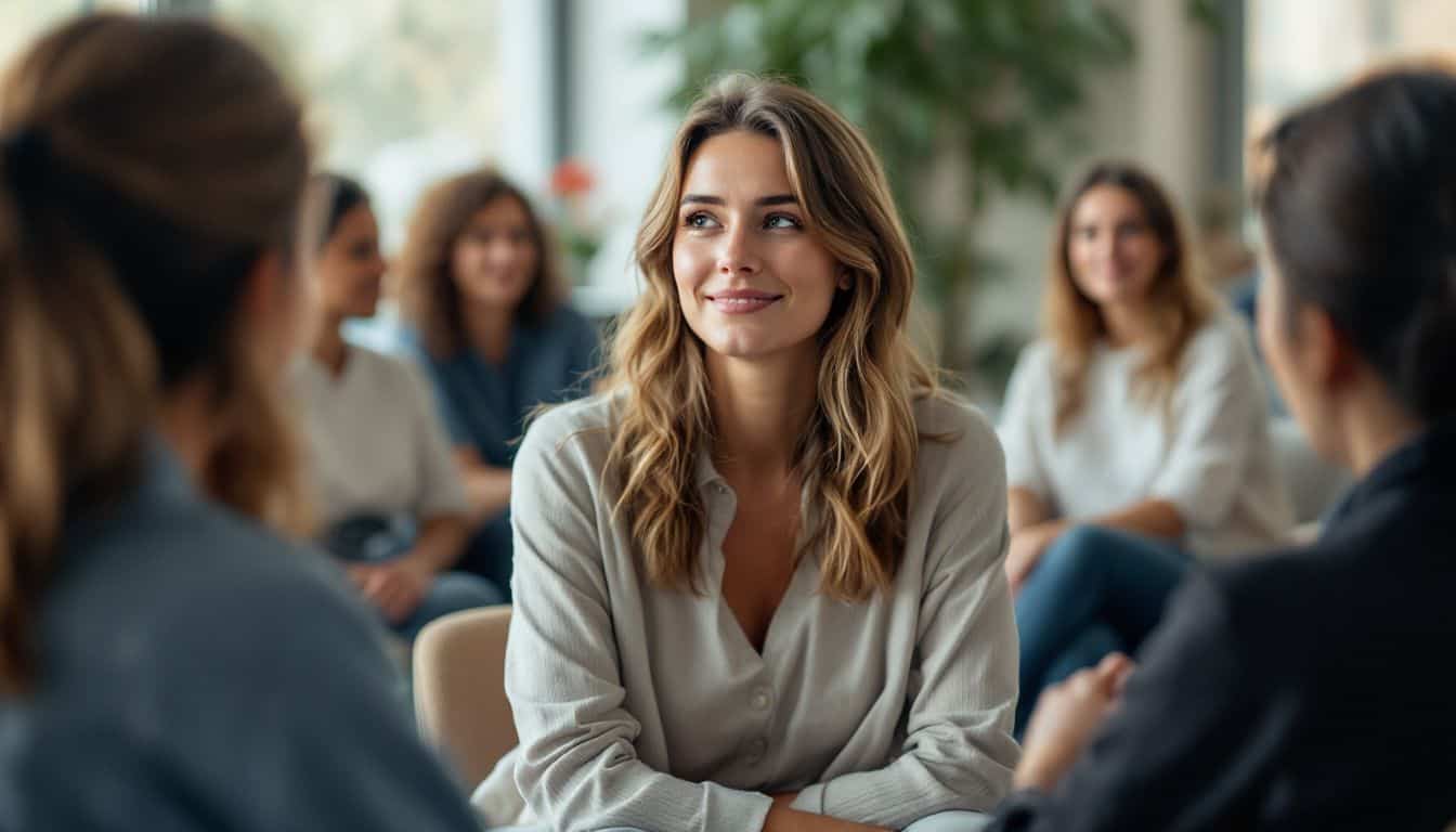 A woman in her 30s participates in a cognitive-behavioral therapy session.