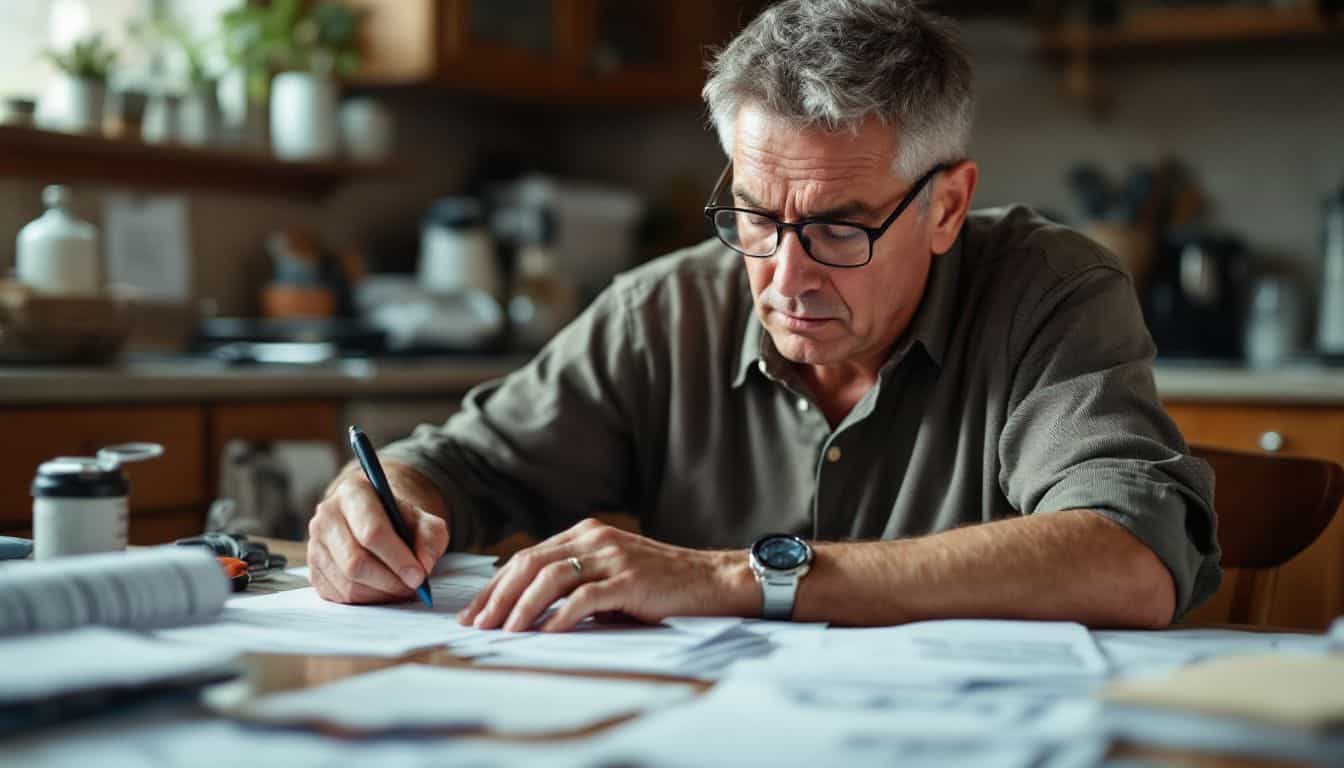 A man organizes medical paperwork at a cluttered kitchen table.