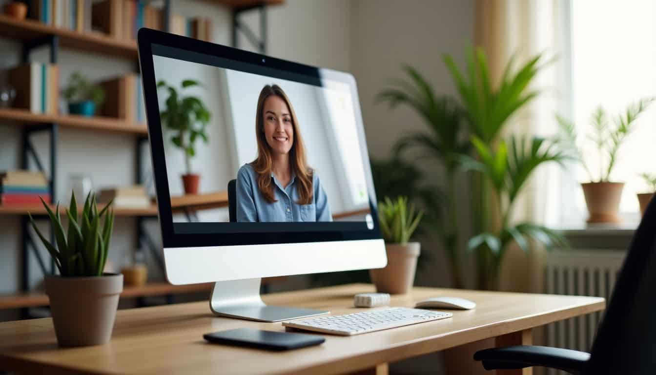 A cozy home office promoting mental health and therapy support.