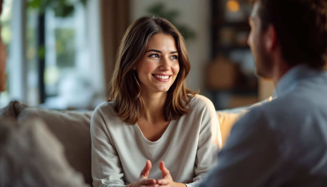 A woman in her 30s is engaged in a therapy session at home with her family's support during a Partial Hospitalization Program (PHP) treatment.