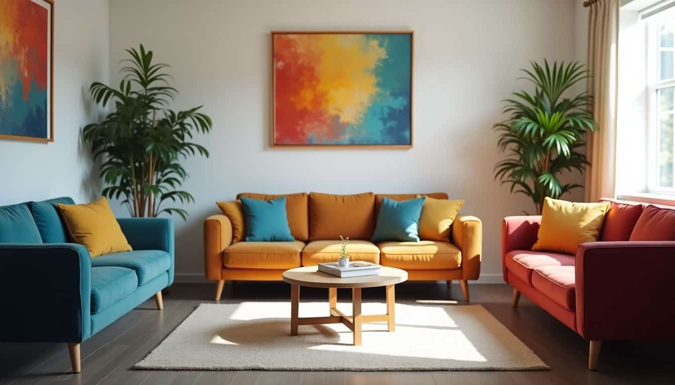 A group therapy room in a mental health facility with comfortable seating and colorful artwork.