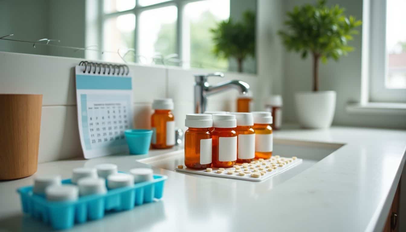 A medication cabinet with pill organizers and calendar for tracking doses.