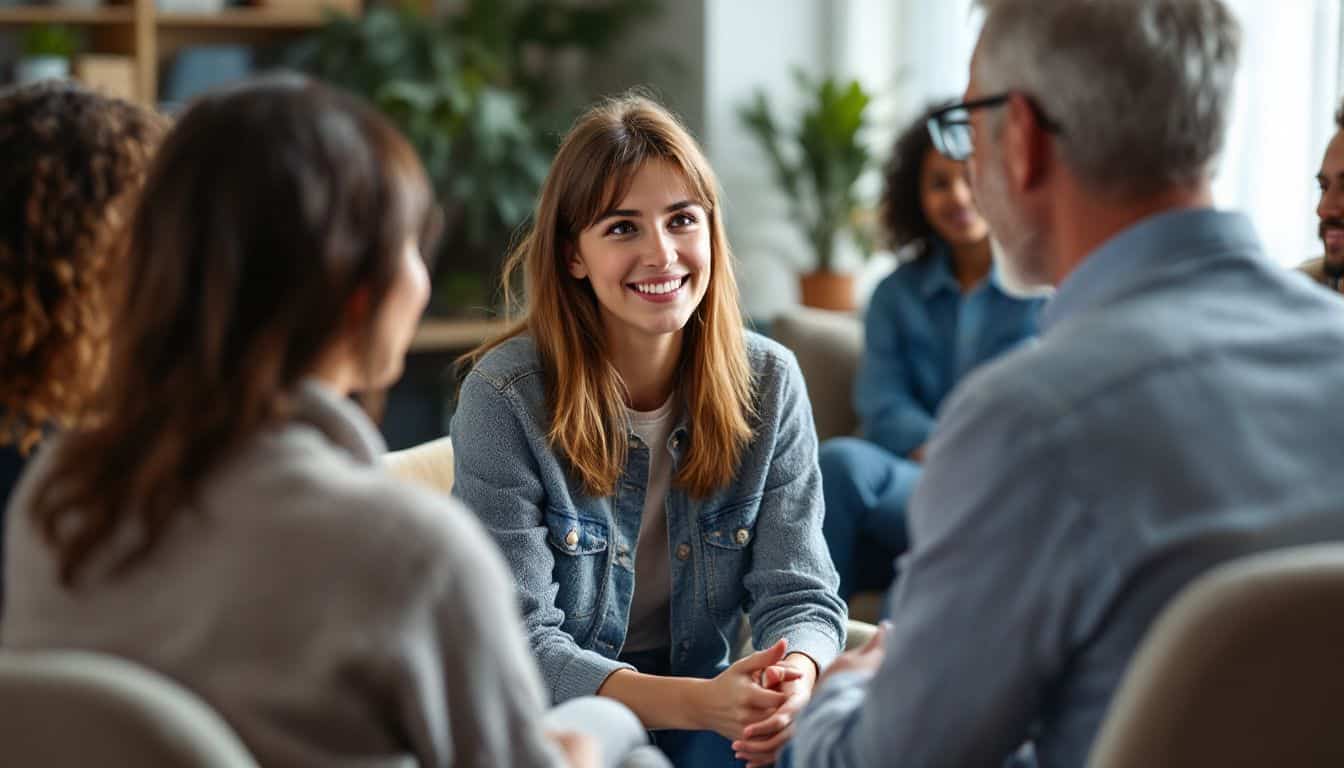 A group therapy session with diverse participants sharing and receiving support.