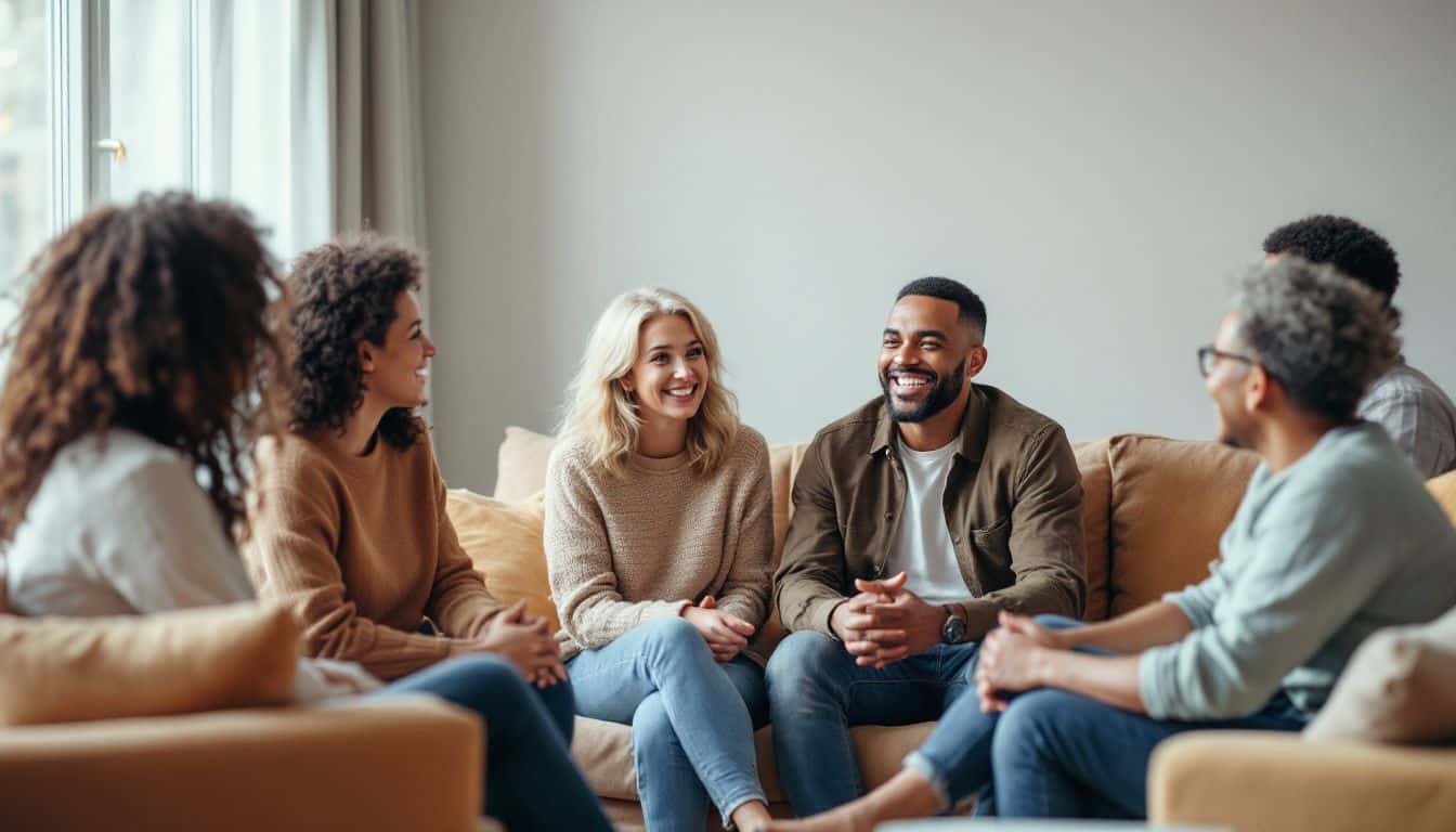 Engaged adults in diverse therapy group discussing coping skills and medication.