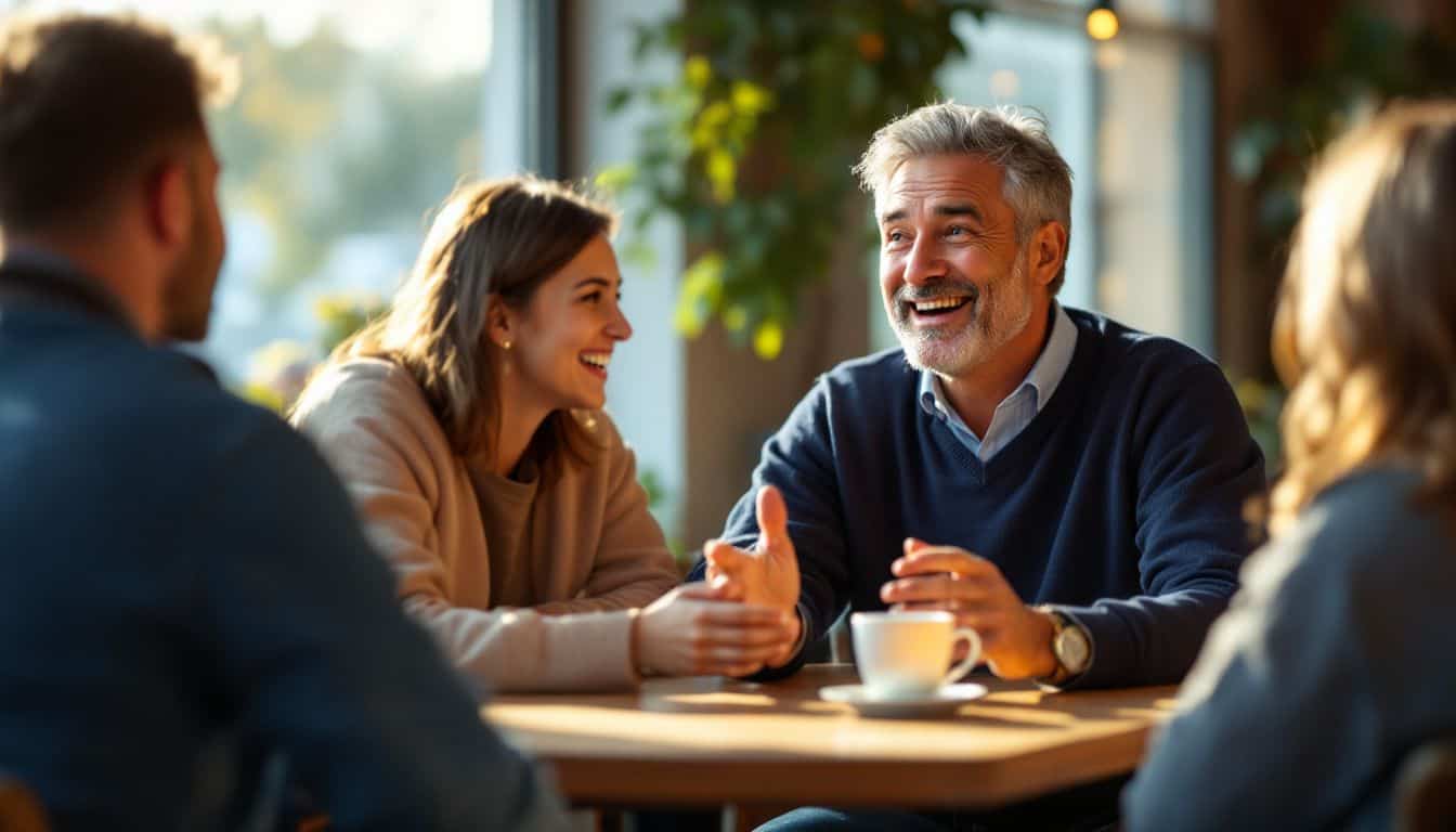 A middle-aged man shares a personal story with friends in a cozy coffee shop.