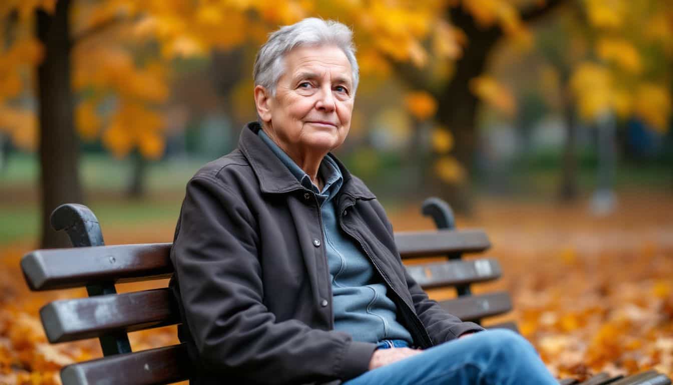 A middle-aged person sits alone on a park bench in autumn.