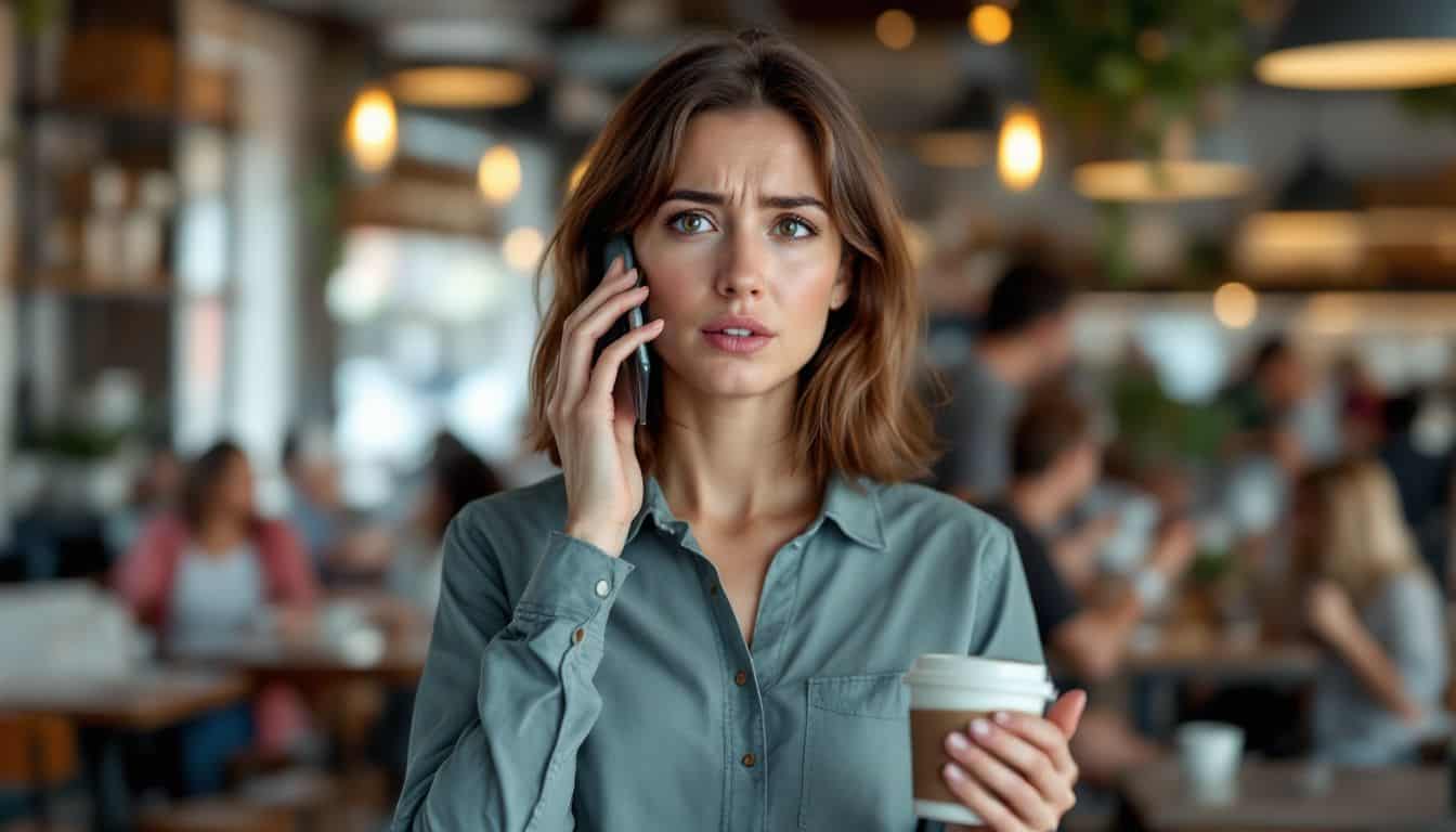 A frustrated woman in a busy coffee shop struggles to talk on her phone.