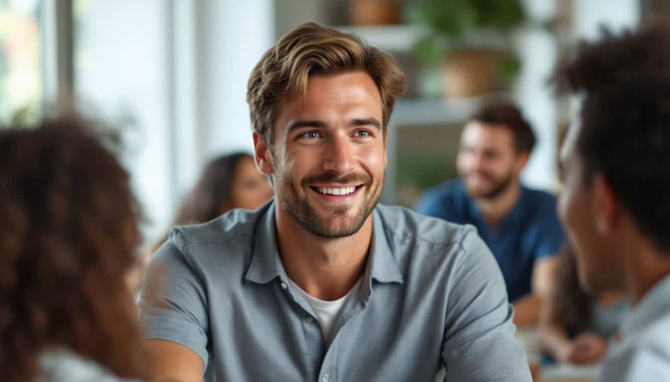 A man in his 30s engaged in a deep conversation with a diverse group of people.