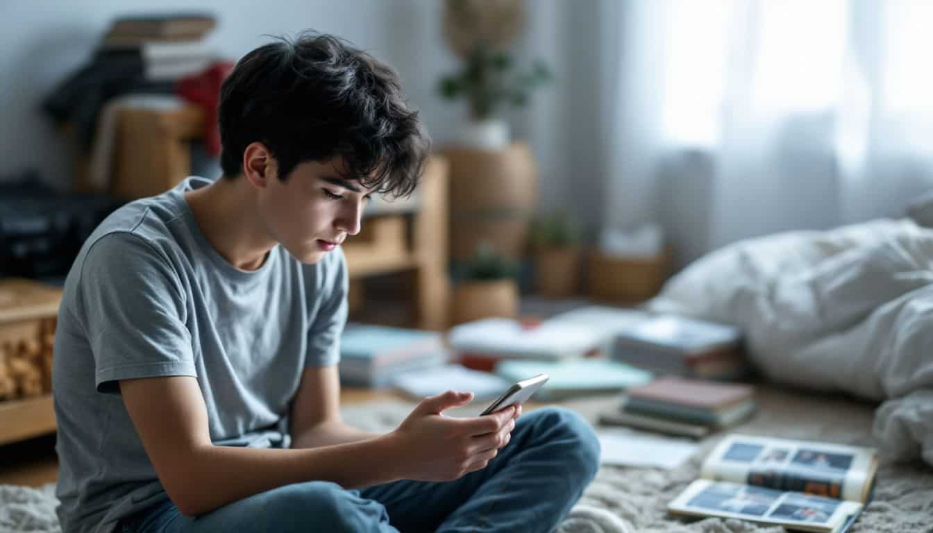 A teenager sits on the floor in a messy bedroom, looking at a blank phone.