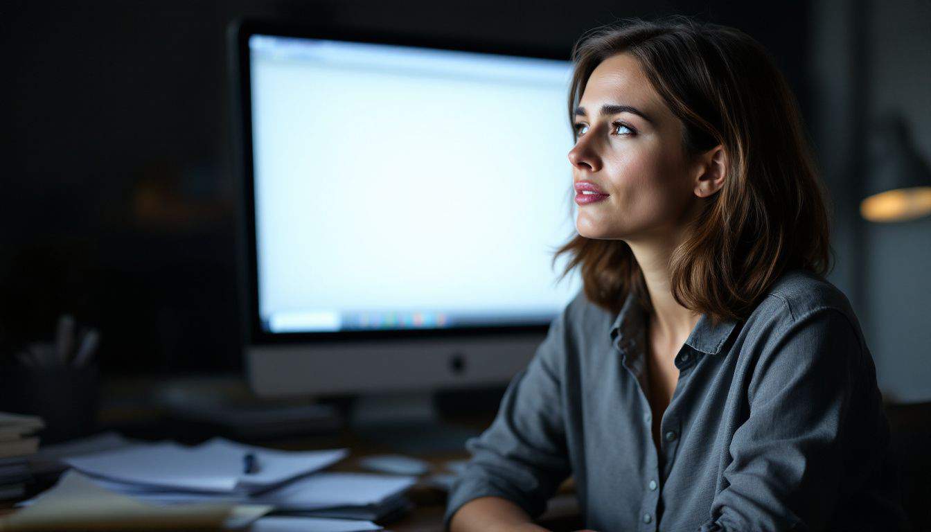 A woman manages anxiety in dimly lit office through positive self-talk.