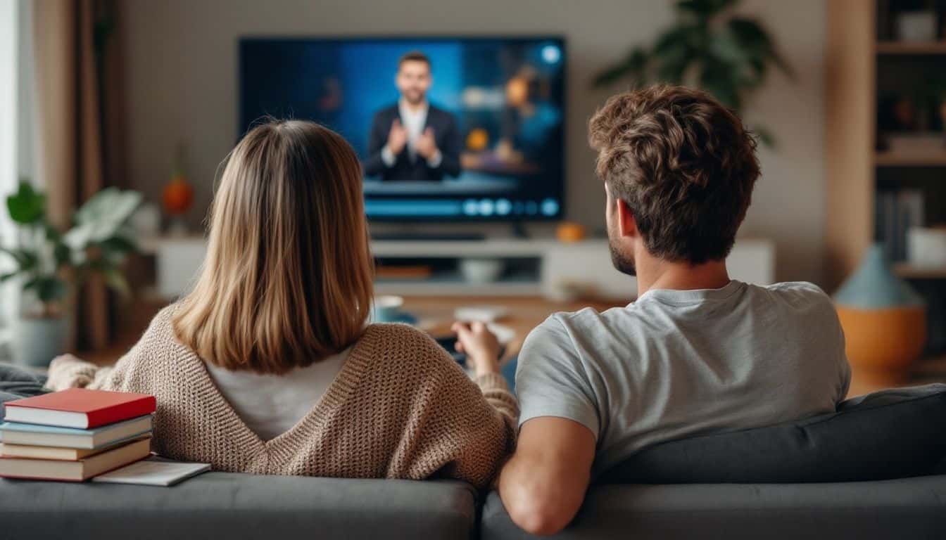 A couple sits on a couch watching a YouTube video on communication skills.