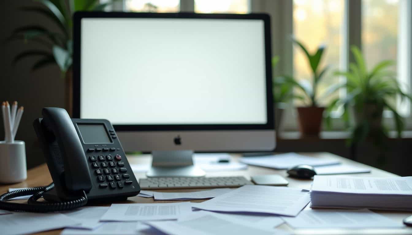 An untidy office desk with papers, ringing phone, and unread email.