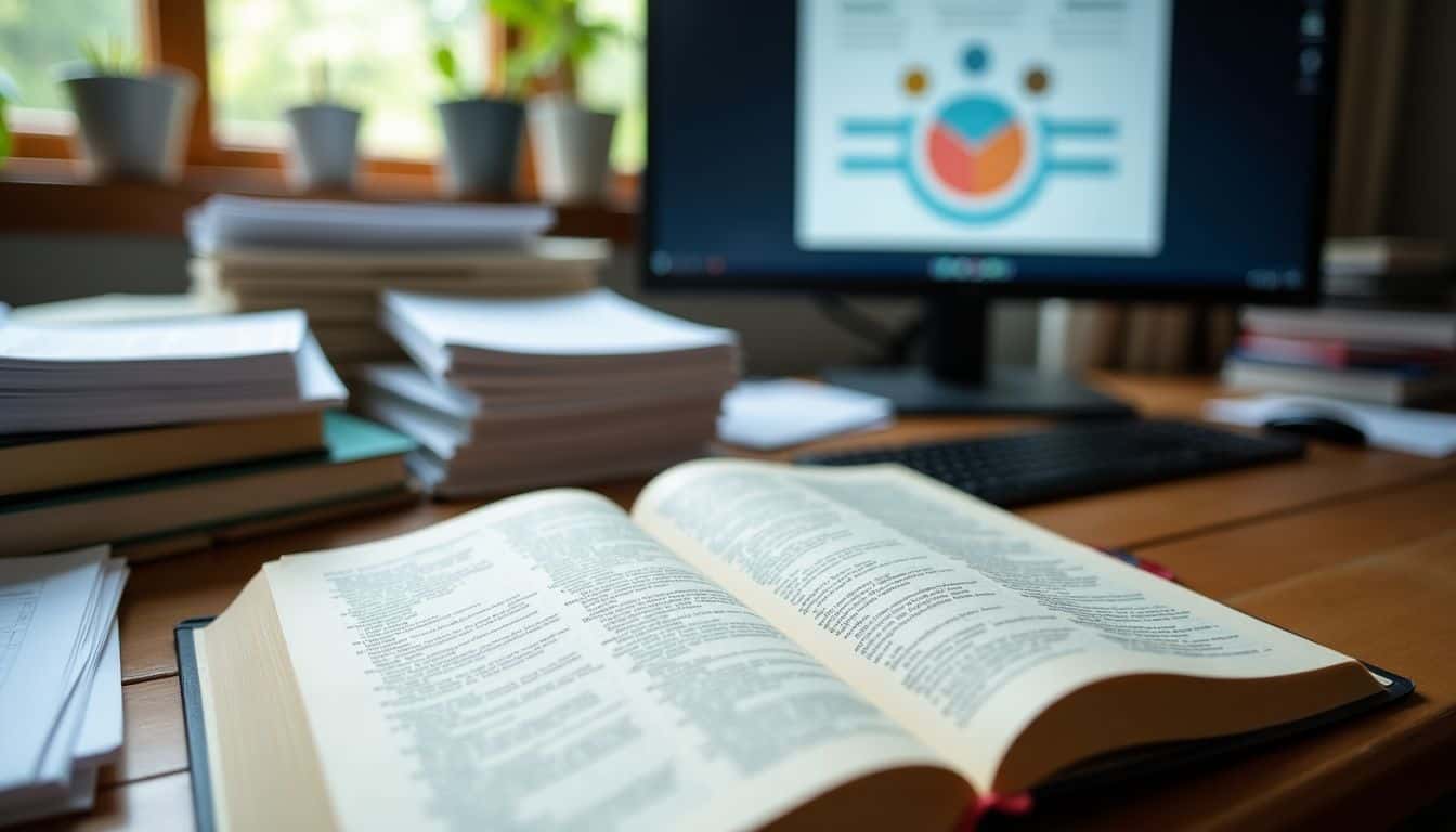 A cluttered desk with books, papers, computer, and open thesaurus.