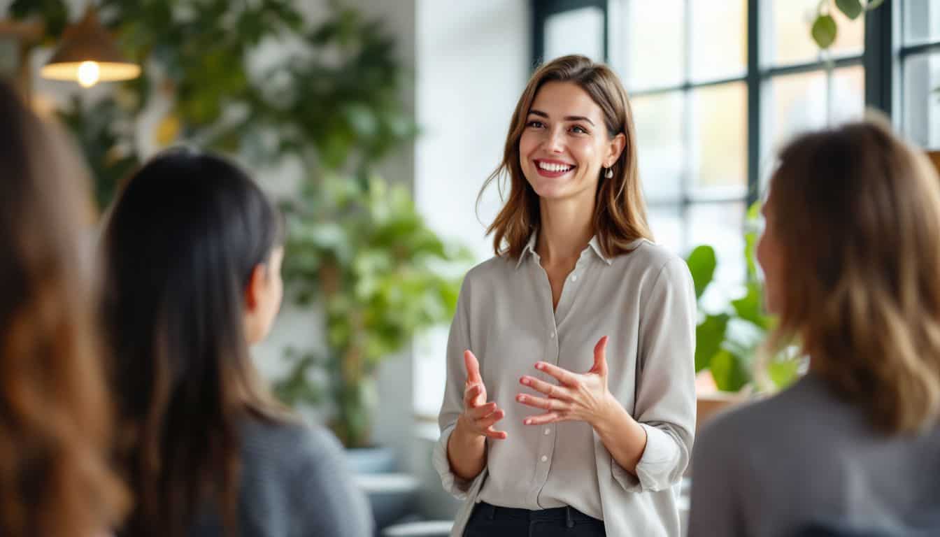 A confident woman presenting in a casual office environment.