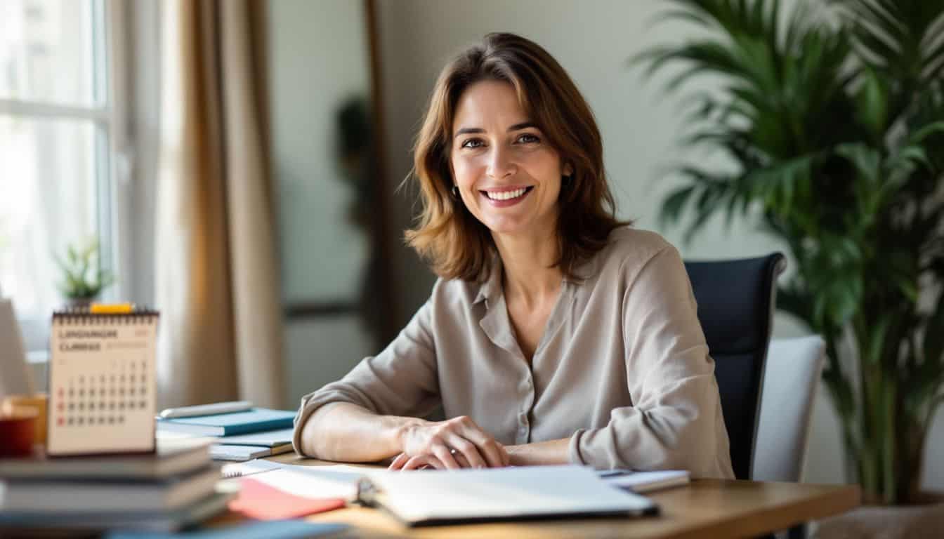 A professional woman participates in a virtual speaking coach session at home.