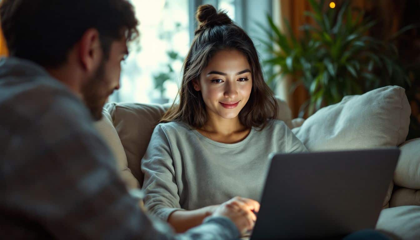 A couple sits with a laptop screen in a cozy living room.