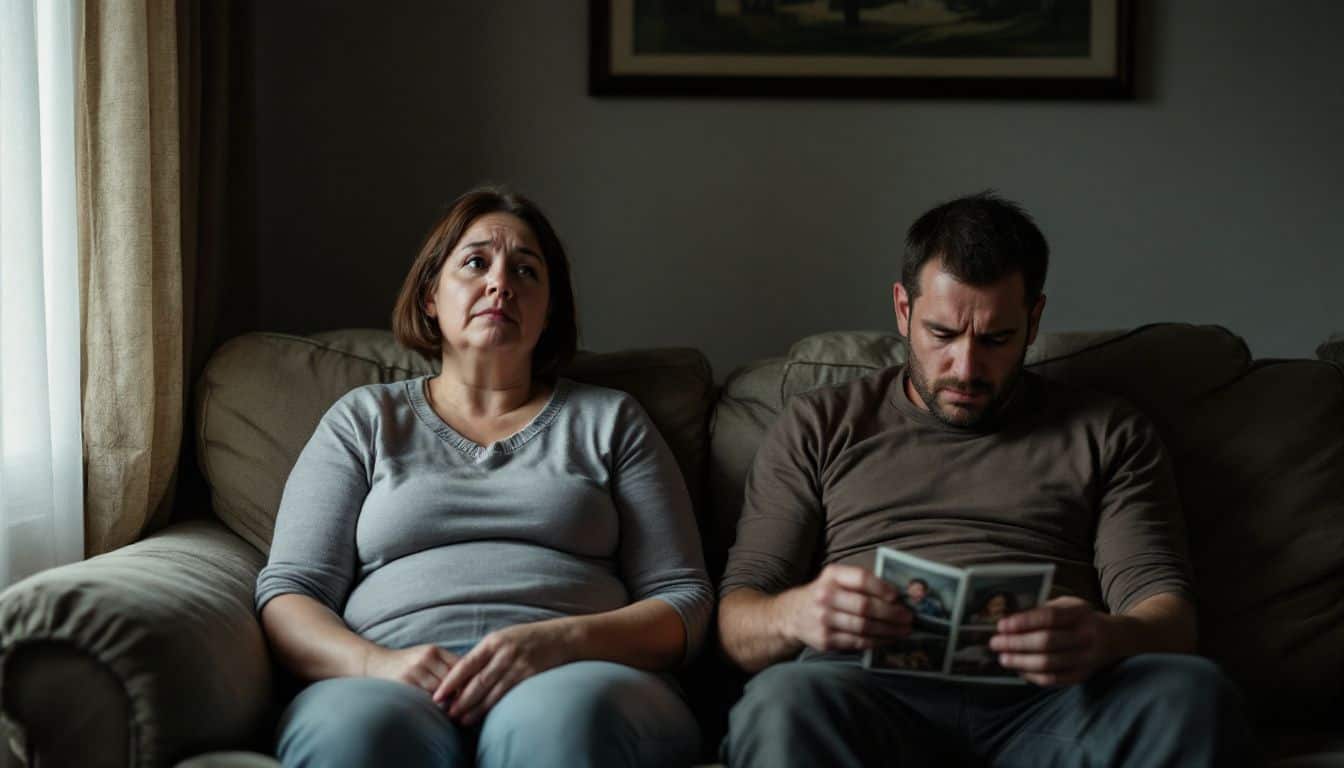 A couple sits in a dim living room, reflecting on old memories.