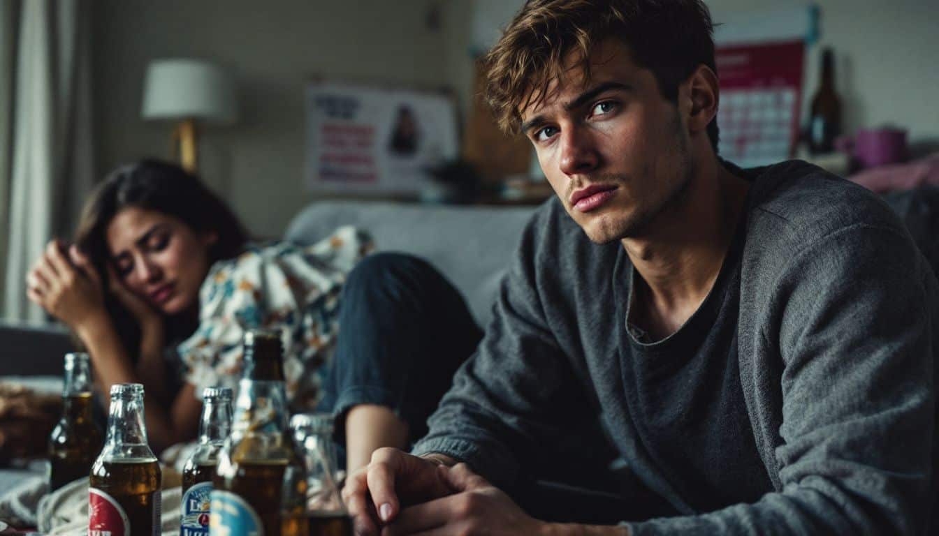 A young adult sitting among empty beer bottles while their upset partner cries.